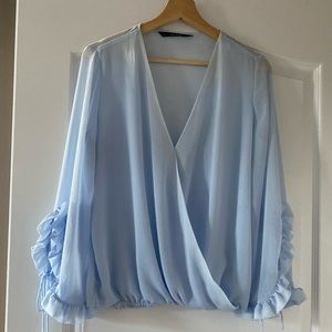 Zara Blue Flowy Cross-over Chiffon Blouse